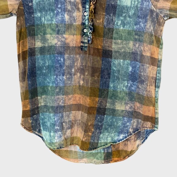 Anthropologie Ruffle Henley Top Women's Small Acid-Washed Tonal Check Tunic - Picture 6 of 11